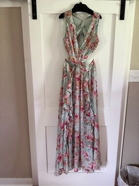 Astr Mint Floral Ruffle Maxi Dress with Pink Accents